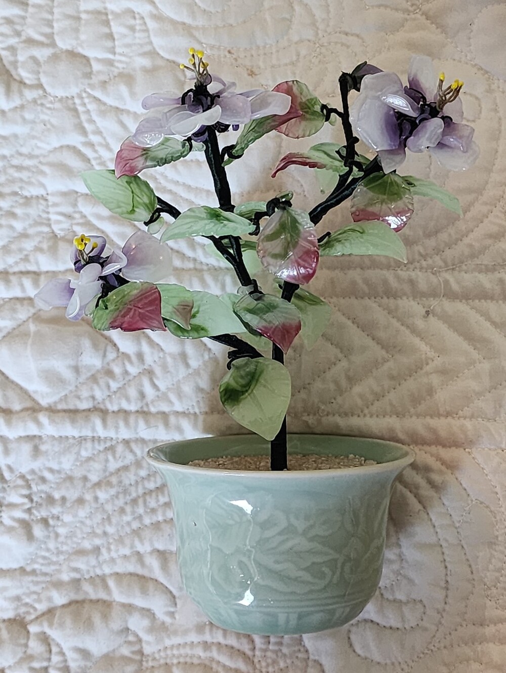 Vintage Purple Glass Flower Bonsai China Elegant Floral Arrangement in Green Pot